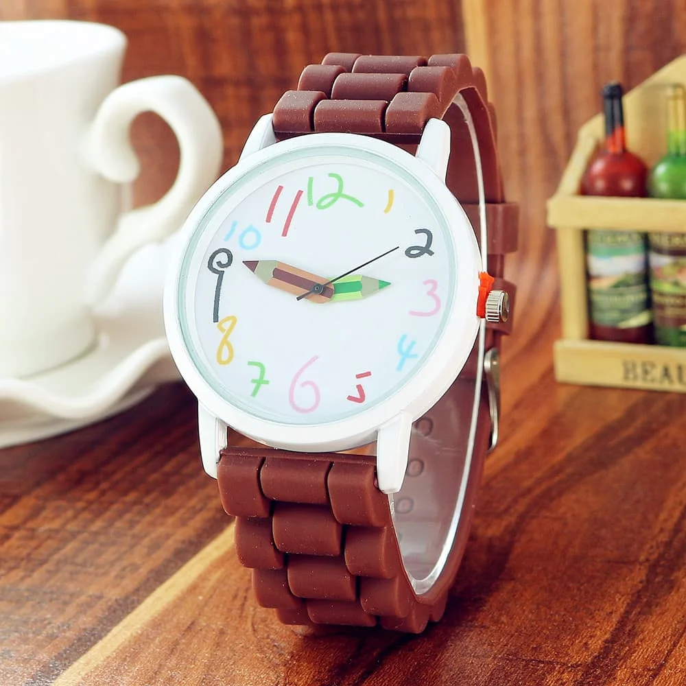 brown Silicone Candy Color Student Quartz Watch Girls Clock Fashion Pencil Pointer Wristwatches Children Cartoon Kids Gift Watches - Цвет: brown