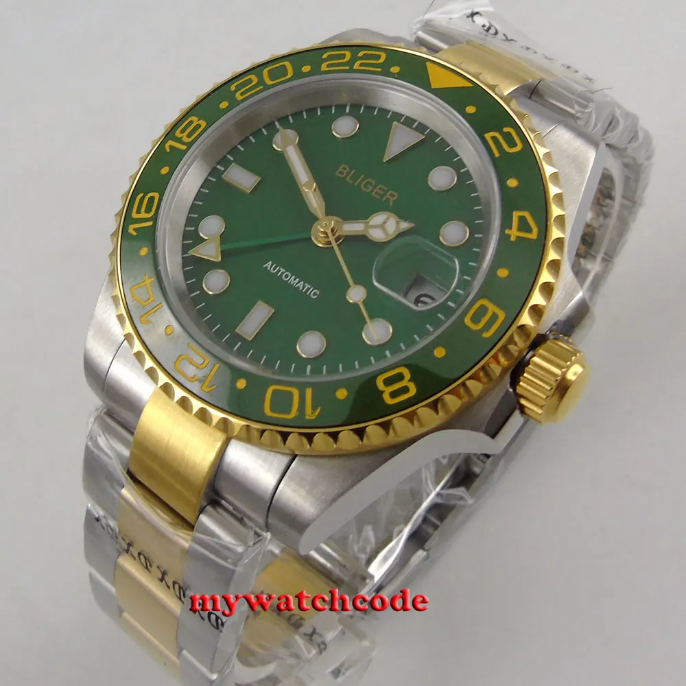 

40mm Bliger green dial ceramic bezel date GMT automatic movement mens watch B285