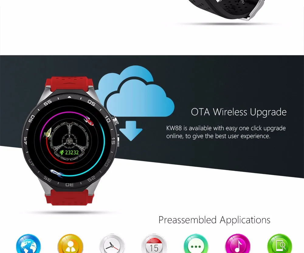 KW88 Смарт-часы 1,39 дюймов MTK6580 четырехъядерный 1. 3g HZ Android 5,1 3g Smartwatch 400 mAh 2,0 мегапиксельный монитор сердечного ритма трекер