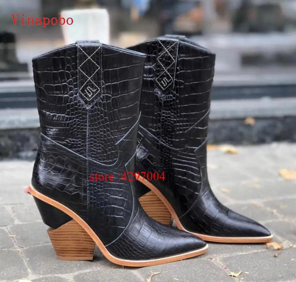 Fashion Cowboy Ankle Boots Women Shoes Pu Leather Wedge Chunky High Heel Boots Snake Print Western Cowgirl Boots Black PINK