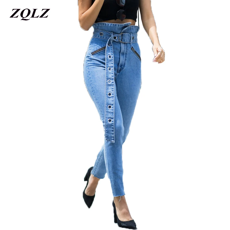 ZQLZ модные Высокая талия Осень Джинсы Для женщин 2018 промывают Ruched Повседневное