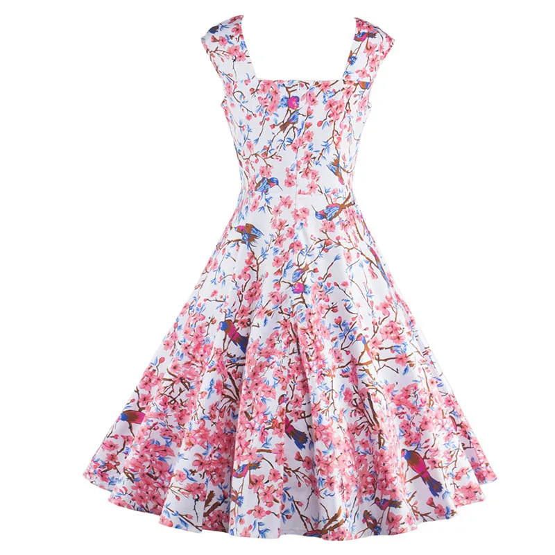 CXLKST Для женщин Лето рукавов Элегантный Винтаж 1950-х годов птица с цветочным