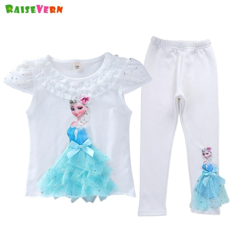 New Summer Girls Clothes Sets Cartoon Childen Cotton Tees Lace Princess T Shirt + Long Pants Leggings 3D Kids Clothing|Комплекты