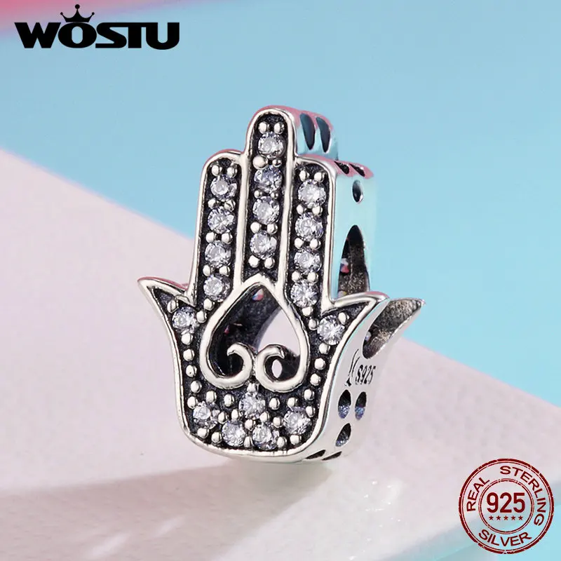 WOSTU подлинное серебро 925 пробы удача рука Фатимы амулеты подходят для женщин
