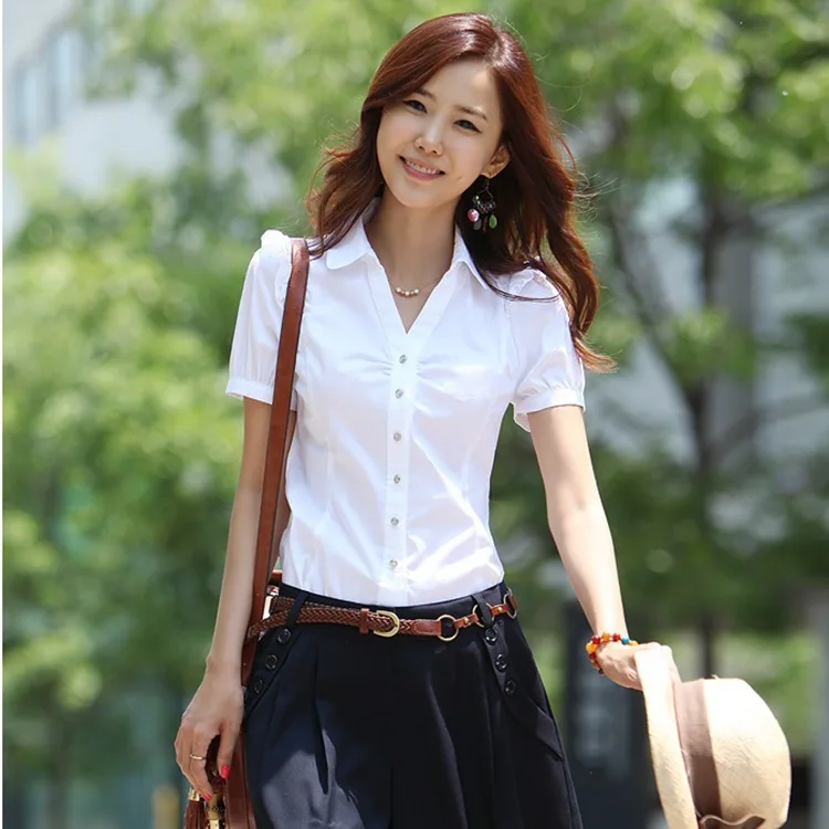 

New Women Casual Basic Summer White Blouse Top Shirt Short sleeves Plus Size
