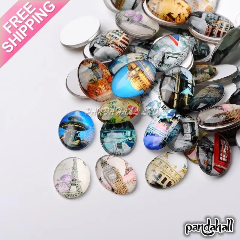 

European Style Printed Glass Oval Cabochons, Mixed Color, 25x18x6mm