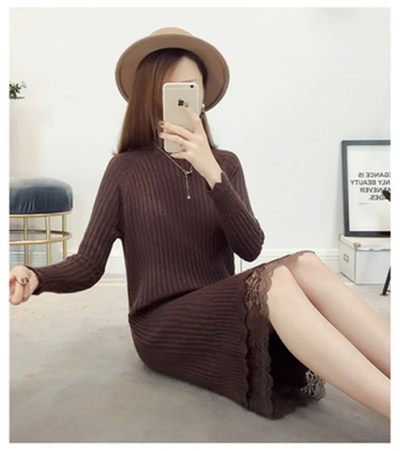 Осенне зимнее платье свитер с высоким воротником женские вязаные платья бисером