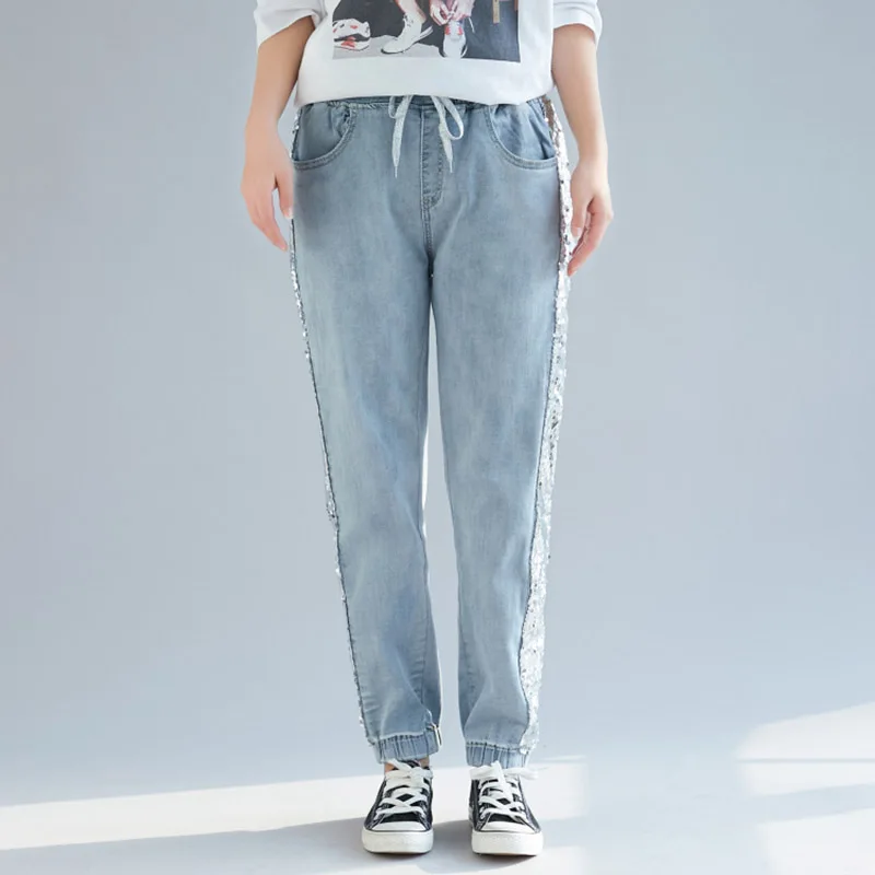 

Spring Summer 2019 Women Sequined Beam Feet Pants Plus Size Harem Jeans Pants Elastic Waist Jeans Female Loose Casual Pants