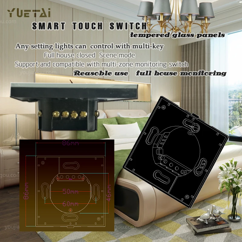 Английская версия сенсорный настенный выключатель света из закаленного стекла