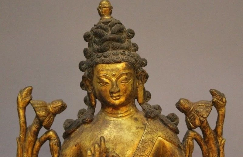 9 "Тибетский буддизм Бронзовый 24 K золото Shakyamuni Sakyamuni Статуэтка Будда