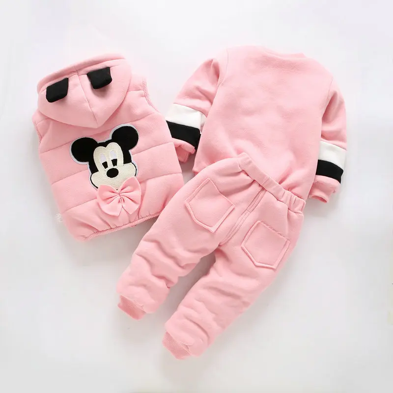 Children clothing sets baby boy &amp girls winter fashion cartoon mickey thicking Plus velvet hooded warm 3 pcs casual sport | Детская
