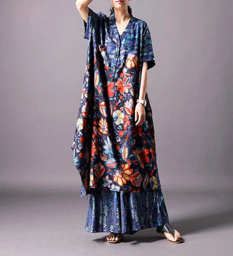 Женские летние длинные топы с принтом + широкие брюки эластичной резинкой на