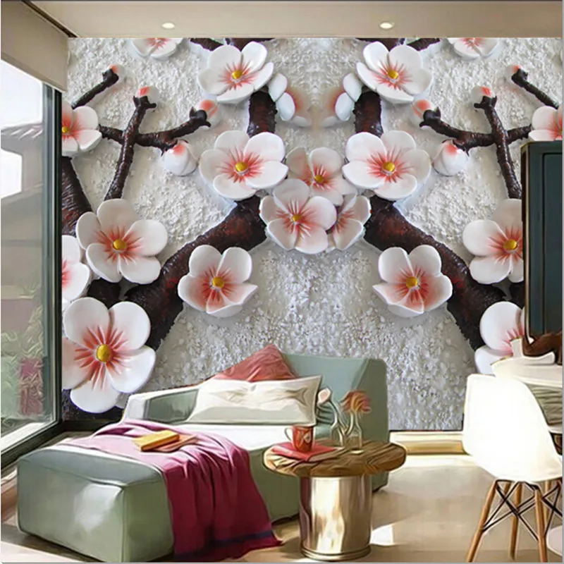 3D фотообои на заказ 3 d цветение сливы в снегу гостиная диван ТВ настенная спальня