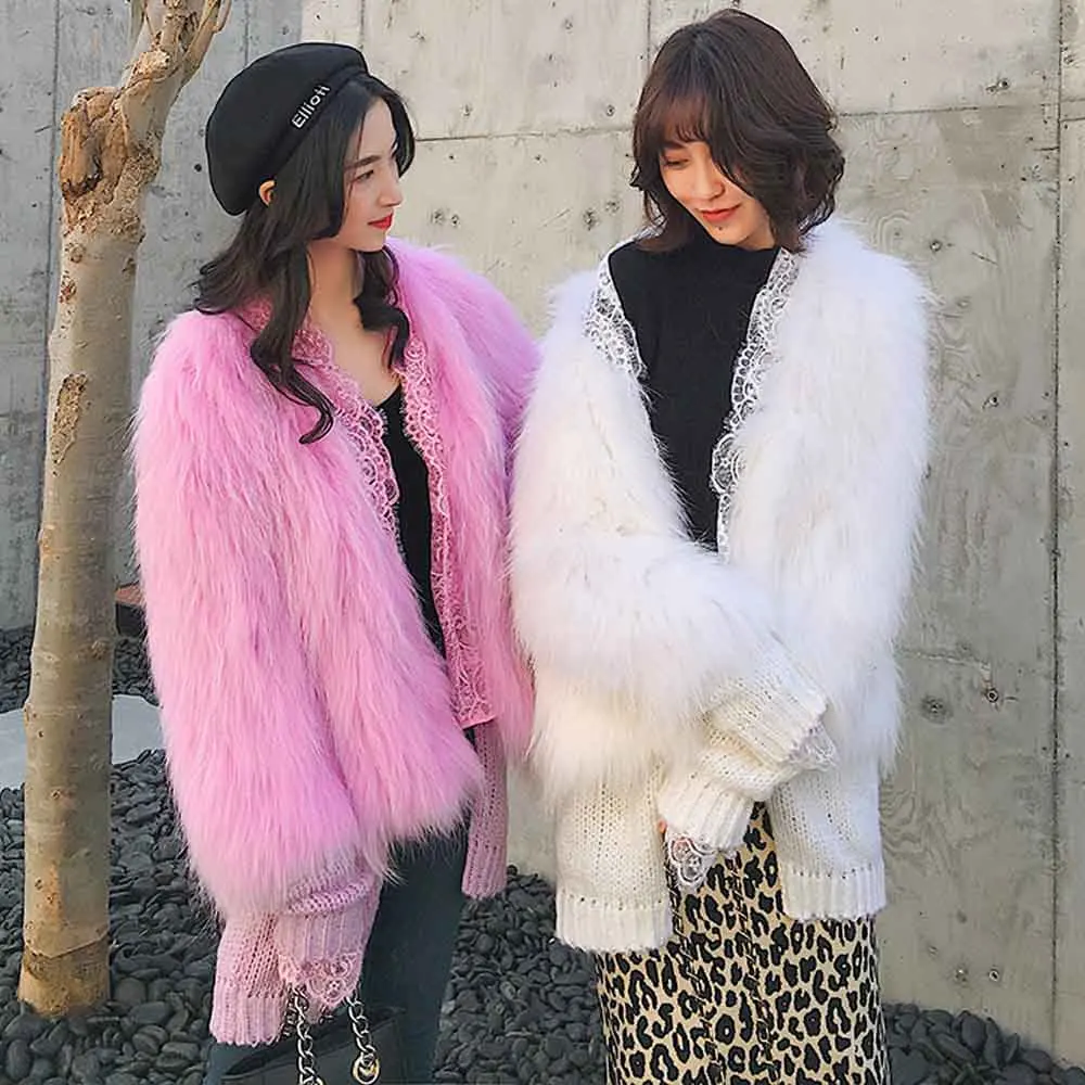 FIRSTTO стильная длинная мохнатая верхняя одежда из искусственного лисьего меха с