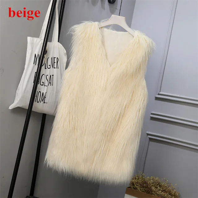 beige faux fur vest Фиолетовый длинный женский жилет из искусственного меха, осень, куртка без рукавов, пальто Colete Feminino, 15 цветов, плюс размер, 3XL, жилет, женский жилет - Цвет: beige faux fur vest