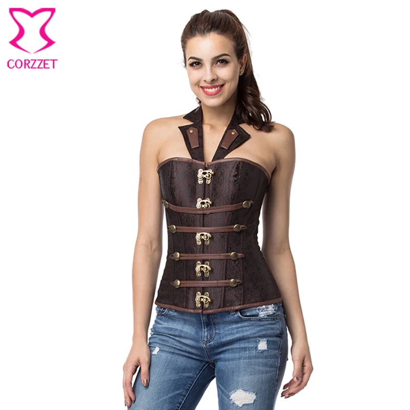 

Women Shapewear Halter Neck Brown Corset Top Overbust Corpete Corselet Sexy Steampunk Costume Steel Boned Corsets And Bustiers