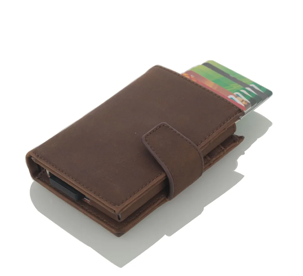 Weduoduo Противоугонный мужской держатель для карт с блокировкой Rfid кошелек из искусственной кожи Алюминиевый металлический кредитный держатель для карт умный унисекс кошелек - Цвет: Dark coffee