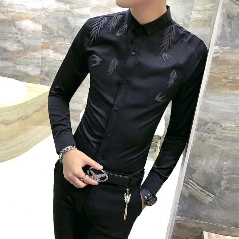 Высокое качество Для мужчин рубашка с принтом длинным рукавом Slim Fit 2018 Новый