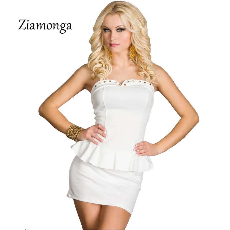 Ziamonga летнее платье с заклепками без бретелек баской женское открытыми плечами