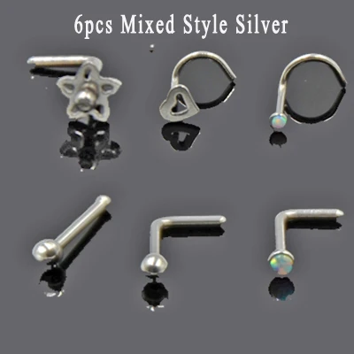 BOG-6PC кольцо из хирургической стали 316L с опалом, сердцем, шариком и цветком для пирсинга носа, ювелирные изделия для тела 20 г - Окраска металла: Silver