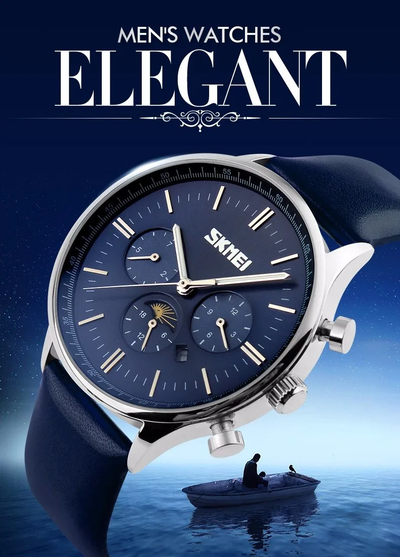 Фирменная новинка Мужские кварцевые часы Moon Phase Модные Аналоговые водостойкие наручные часы для делового мужчины кожа часы SKMEI 9117