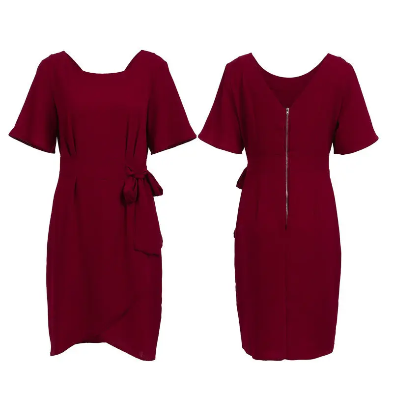 

Women Formal Dress Short Sleeve Plain Colour Belt Summer Dress Female Party Evening Beach Short Sundress