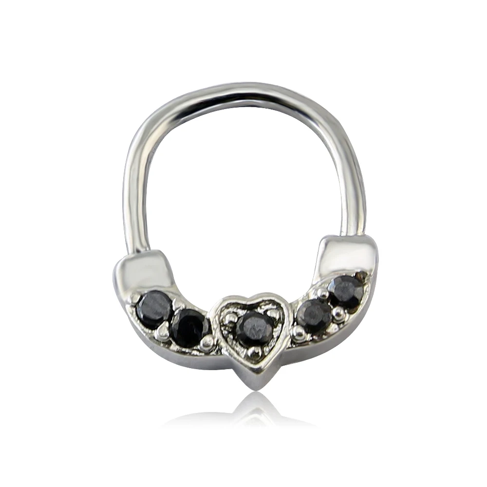 

Indian Nose Jewelry Dazzling Black Zircon Surgical Steel Nose Open Hoop Ring 16g Heart Shaped Septum Clickers Nose Piercing Ring