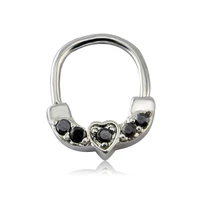 indian nose jewelry dazzling black zircon surgical steel nose open hoop ring 16g heart shaped septum clickers nose piercing ring