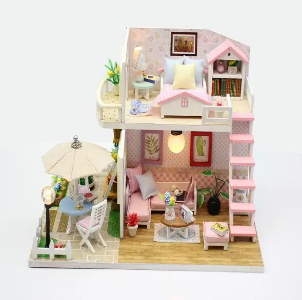 

M033 pink loft Miniatura Wooden Doll House Furniture wooden Miniaturas Dollhouse Toys for Children Birthday Gift