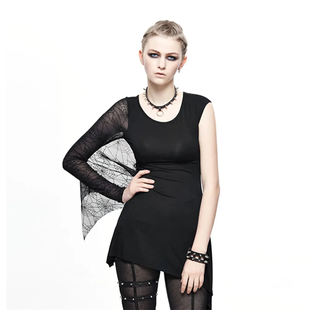 

Punk T-shirt Summer Spider Web Long T-shirt for Laides Gothic Off-shoulder Asymmetrical Black Tee Tops