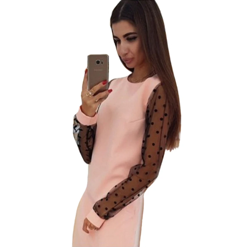 Кружевное платье размера плюс, 5XL, розовое, зеленое, длина по колено, прямое, косохвост, кружевное платье, женское, Сетчатое, с длинным рукавом, с круглым вырезом, в горошек, кружевное платье