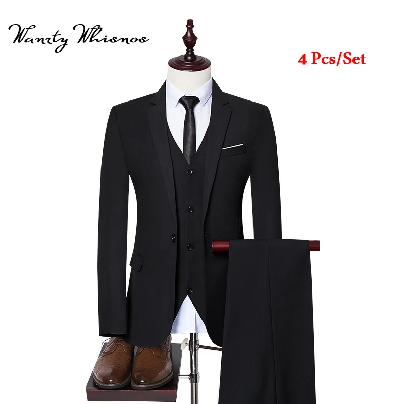 

4 Pcs/set 2018 New Wedding Navy Blue Suits Men Blazer Men's Black Business Suits Dress Suits For Men Size S-5xl