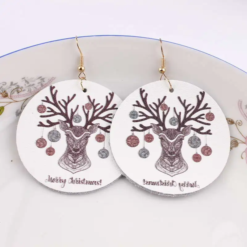 

2020 New Merry Christmas Deer Print Round Genuine Leather Earrings for Women Fashion Jewelry Big Drop Earrings 5CM Wholesale