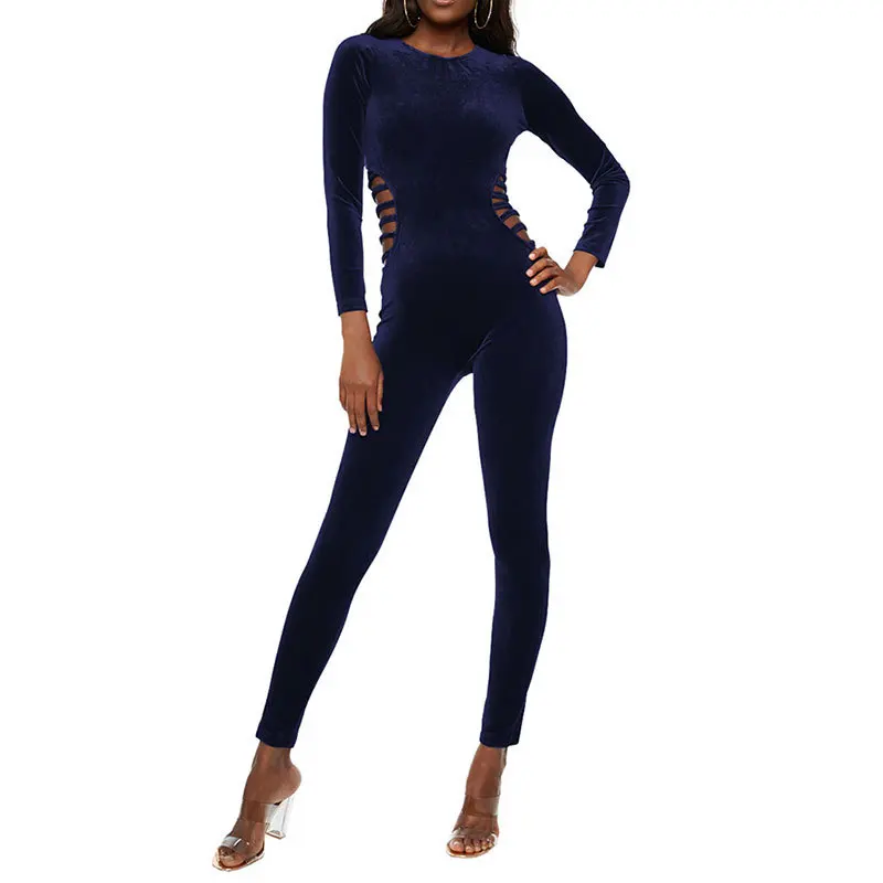 blue Velvet Women Jumpsuit Elegant Winter Party Cut Hollow Out Playsuits Crew Neck Long Sleeve Bodycon Overalls Feminino Body - Цвет: blue