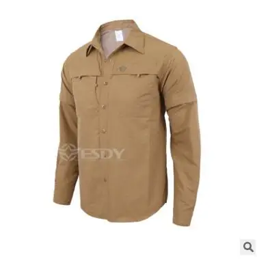 Khaki Мужская спортивная быстросохнущая рубашка со съемными короткими длинными рукавами, дышащая одежда для отдыха, рубашки с защитой от УФ-лучей - Цвет: Khaki