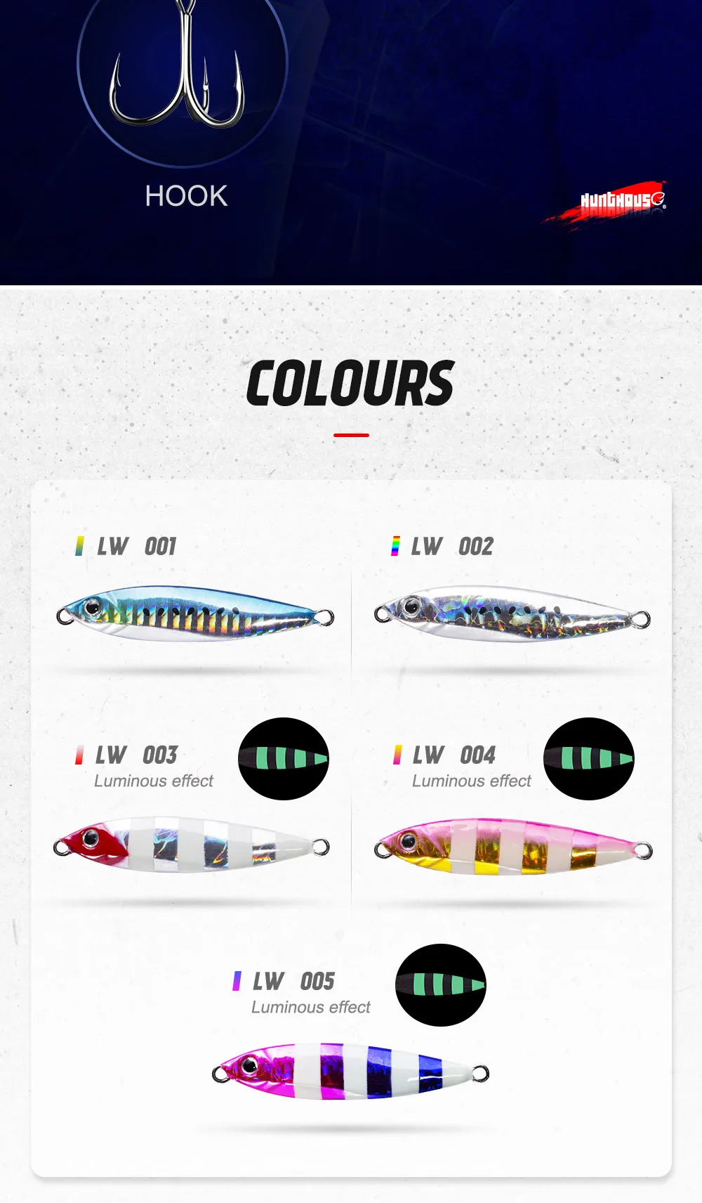 Hunthouse metal jig fishing lure slow jigging lead jig bait for trolling fishing 28g 63mm CAST SLIM with PE line hook