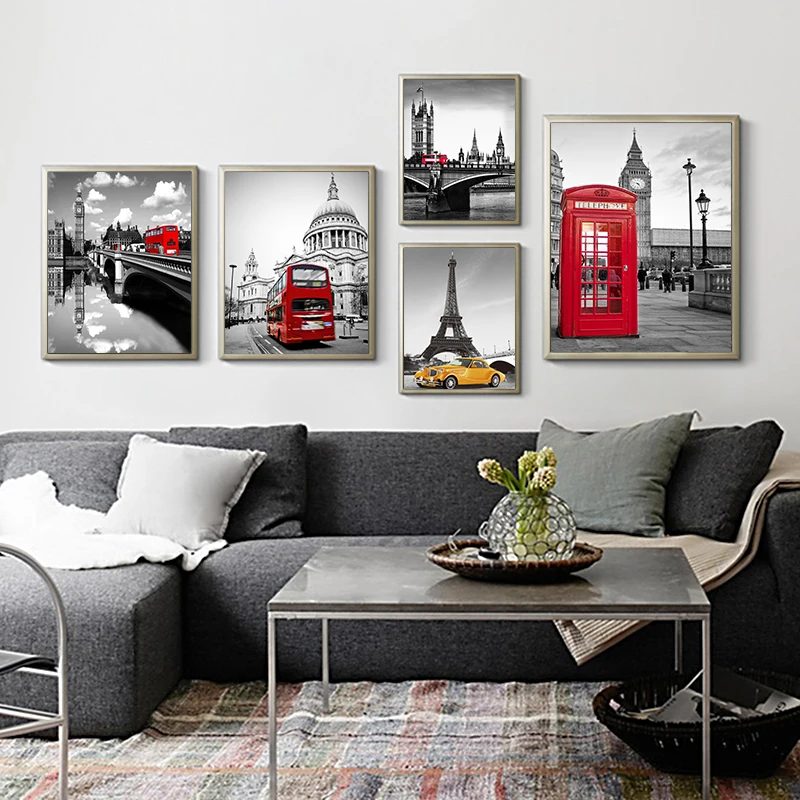 French Style Black White Landscape Architecture Eiffel Tower Color Car Canvas Painting Study Room Mural Coffee Shop Print Poster | Дом и сад