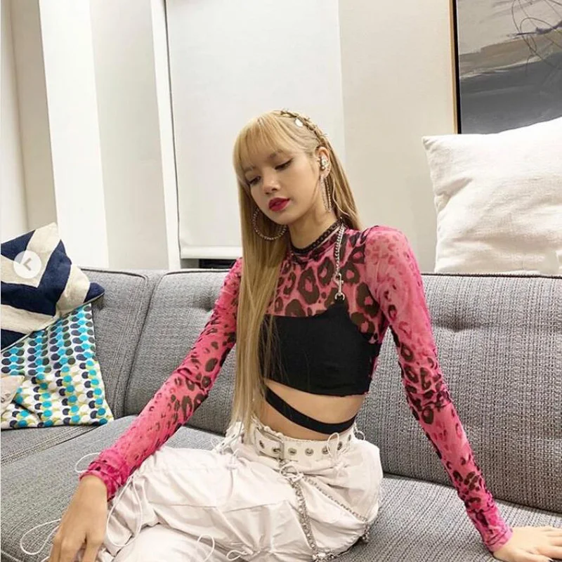 Харадзюку черно-розовая lisa Streatwear розовая леопардовая футболка женский сетчатый топ с длинным рукавом Сексуальная футболка с круглым вырезом прозрачная