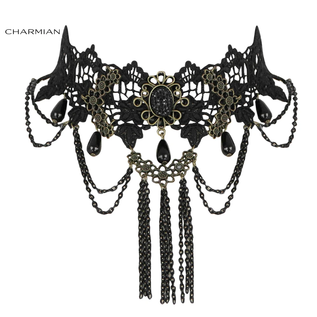 

Charmian Vintage Gothic Victorian Lace Tassels Choker Necklace Accessories