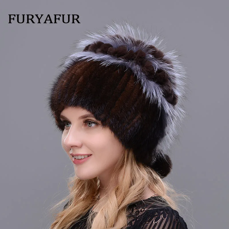 JERYAFUR новая стильная шапка из кроличьего меха, Вязаная Шерстяная модная шапка из меха норки и лисы, Зимняя женская Лыжная шапка, защищающая уши, русские - Цвет: COLOR1