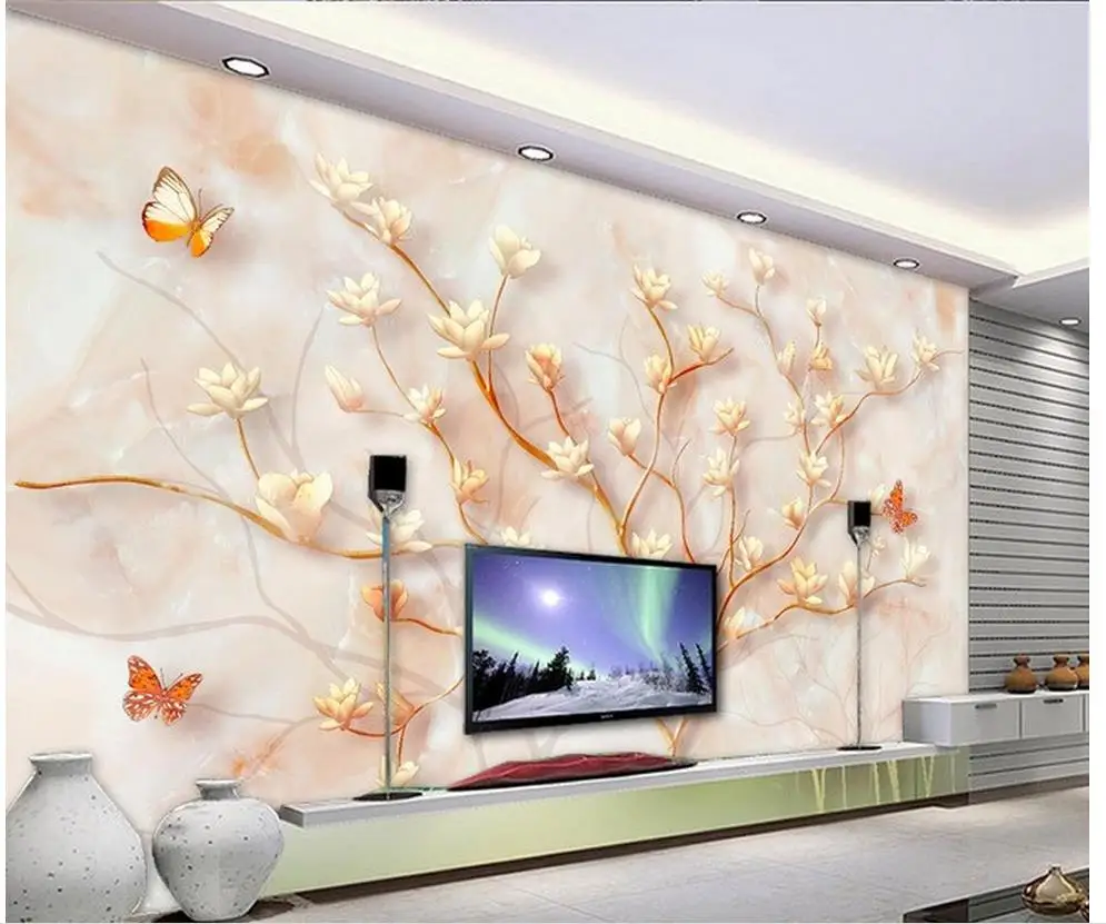 Украшение дома Мрамор тиснением Магнолия Бабочка 3D ТВ фоне стены стиль жизни