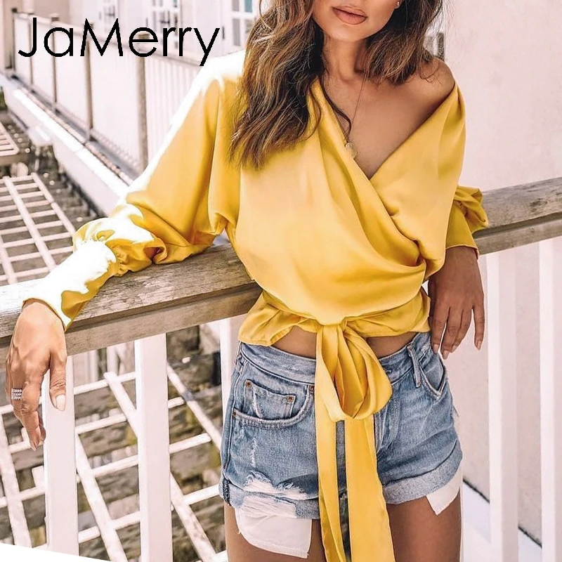 JaMerry Сексуальная атласная v образным вырезом блузка рубашка Топы корректирующие