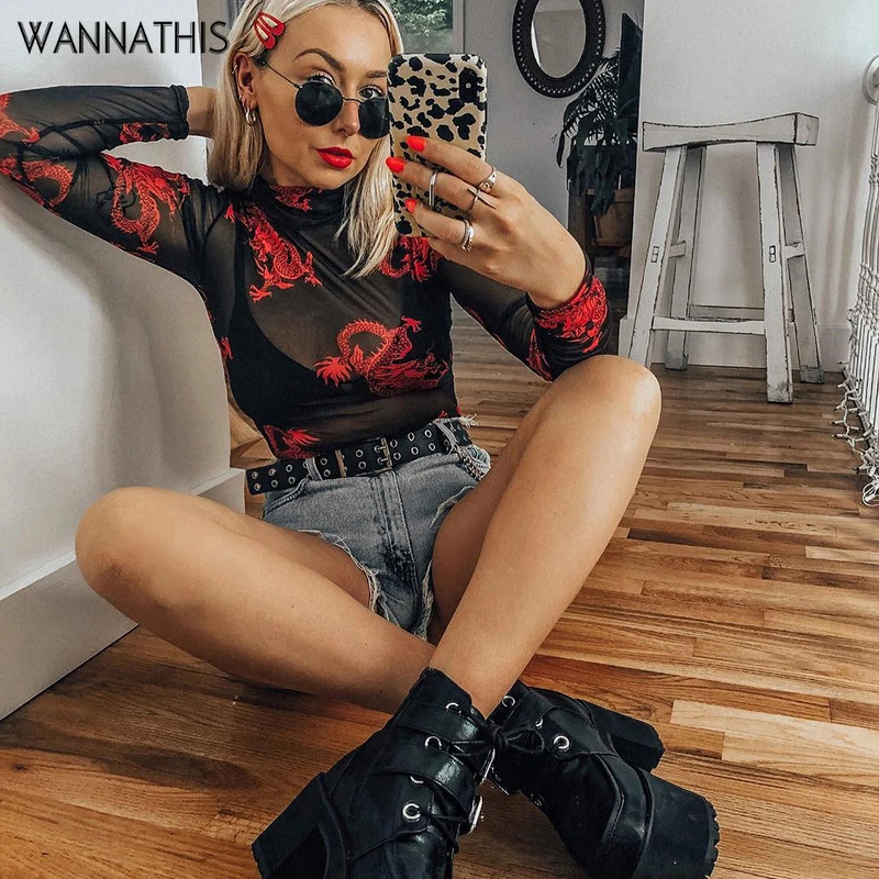 WannaThis, сетчатый боди с принтом дракона, длинный рукав, высокий воротник, вуаль, облегающий неоновый зеленый, модный клубный сексуальный тонкий женский боди