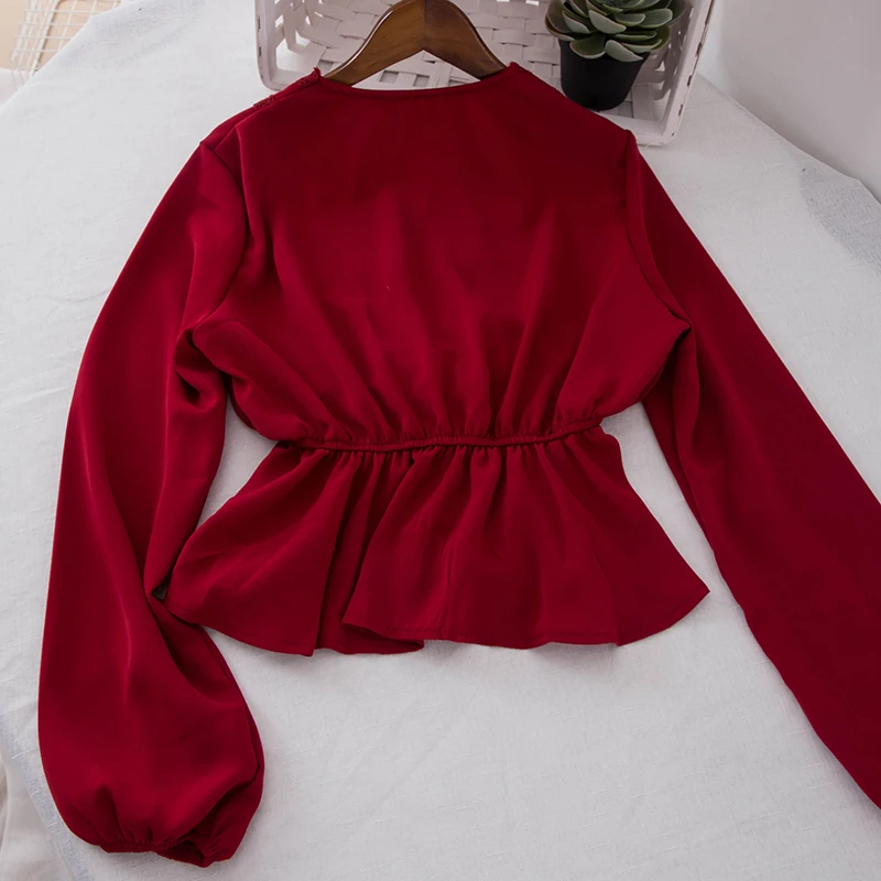 Короткая женская рубашка весна лето 2020 новые кружевные блузки в Корейском стиле