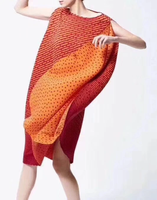 Miyake Плиссированное модное свободное эластичное Плиссированное цельнокроеное платье без рукавов с градиентом одежда 3D платья - Цвет: Оранжевый