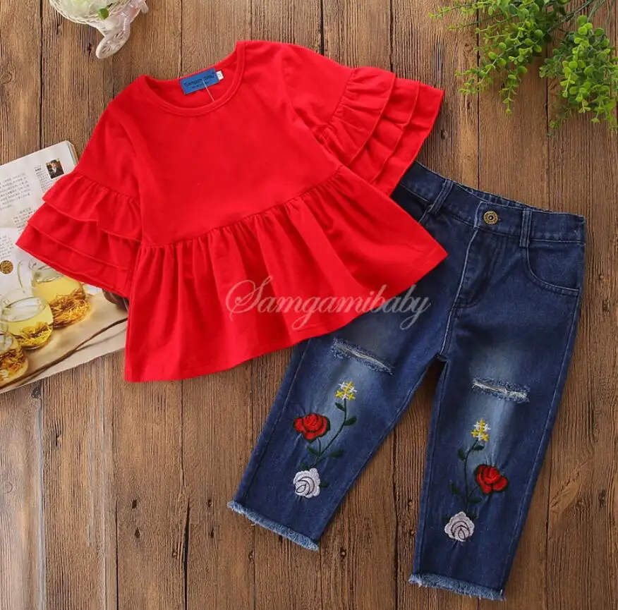 Детский костюм комплект Красная футболка + штаны джинсовая одежда для малышей