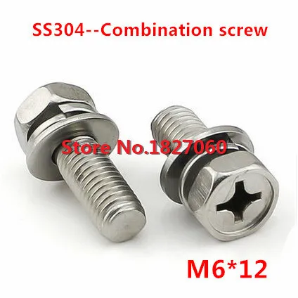100pcs/lot M6*12 Hex Combination Screw with Screw / Spring Washer/ Flat Washer Combined Bolts Crossing Stainless Steel