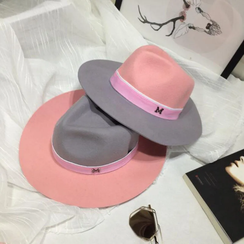 Элегантные зимние женские букву м 100% шерсть Джаз Fedoras Hat розовый шляпа для женщин