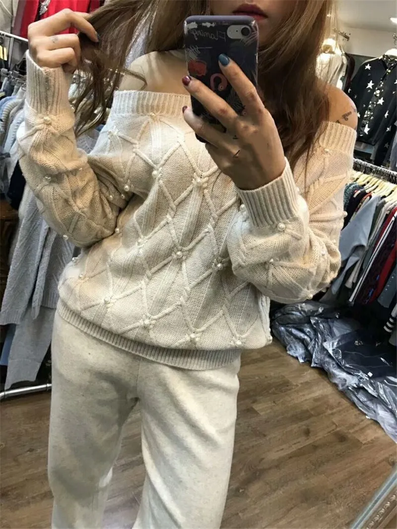 Tracksuits 2021 autumn and winter 2-piece Suit Hand-beaded Word Shoulder Wool Mink Sweater + Knit Trousers Two-piece Women |
