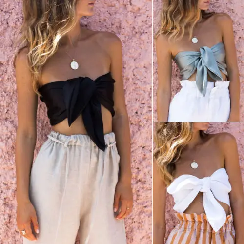 Женский летний бандажный топ бандо с бантом без рукавов в рубчик однотонный на